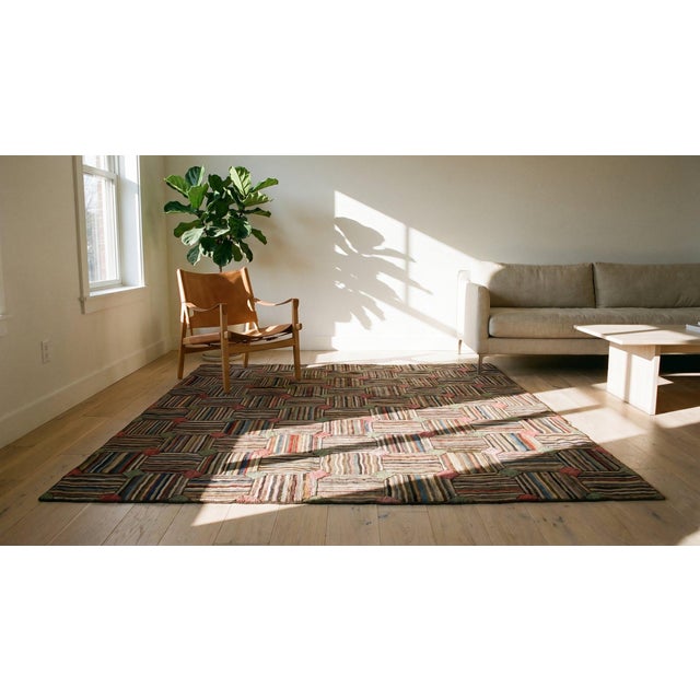 Multicolored Square Formind Diamond in a Geometric Design Antique American Hooked Rug For Sale - Image 9 of 9