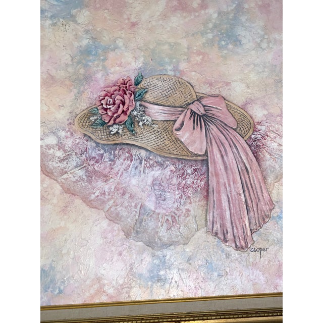 Blush Vintage Floral Hat Wall Art Signed Cooper Textured Mixed Media Framed Artwork For Sale - Image 8 of 11