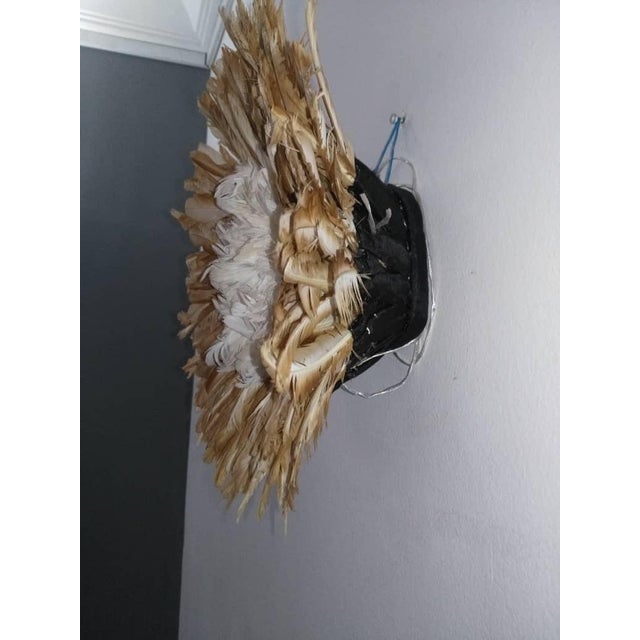 Juju hat white outline beige of 14" (35 cm). Juju hat made with natural feathers and rattan. Juju hat woven and...