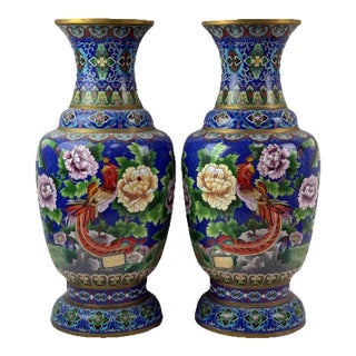 Pair of Chinese Cloisonne Enamel Vases Gold Floral Scrolls For Sale