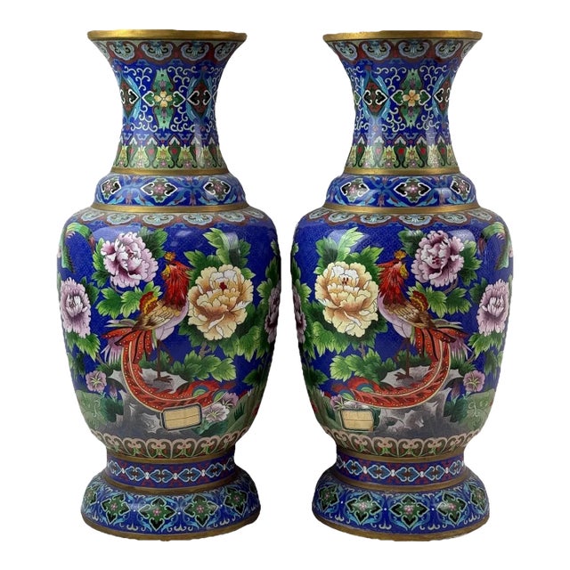 Pair of Chinese Cloisonne Enamel Vases Gold Floral Scrolls For Sale