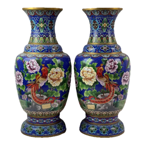 Pair of Chinese Cloisonne Enamel Vases Gold Floral Scrolls