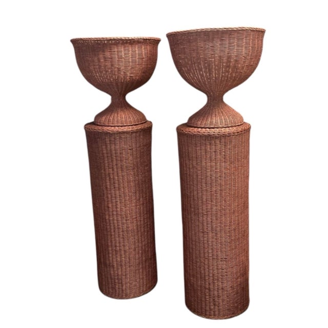 2000 - 2009 Pair of Vintage Woven Wicker Column Pedestals & Hourglass Urn Planters For Sale - Image 5 of 12