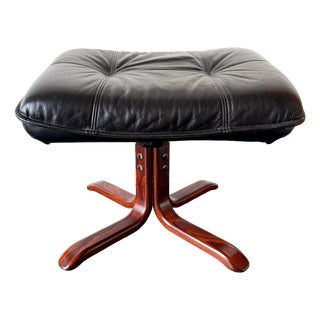Vintage Lindos Black Leather and Wood Ottoman from Ikea, 1997 For Sale
