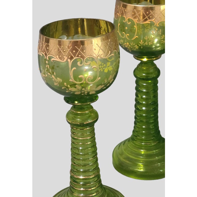 Rococo Antique Venetian Glass Bohemian Attributed to Moser Chalices Green Gilded Roemer Stems- Set of 4 For Sale - Image 3 of 11