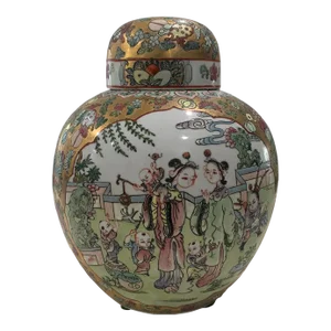 Mid 20th Century Large Chinese Porcelain Gold Glazed Ginger Jar With Children, Yongzheng Mark