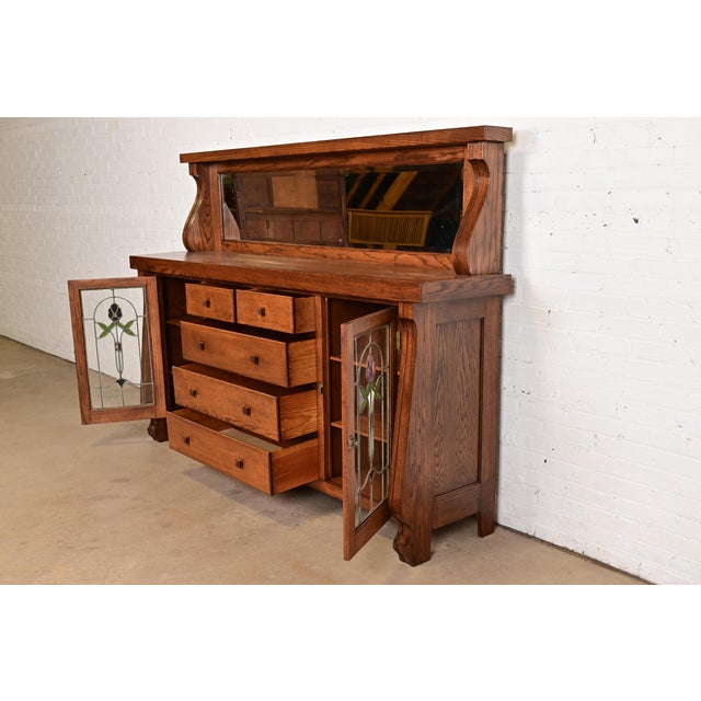 Antique Arts & Crafts Carved Oak Sideboard or Bar Cabinet With Stained Glass Doors, Newly Refinished For Sale In South Bend - Image 6 of 15