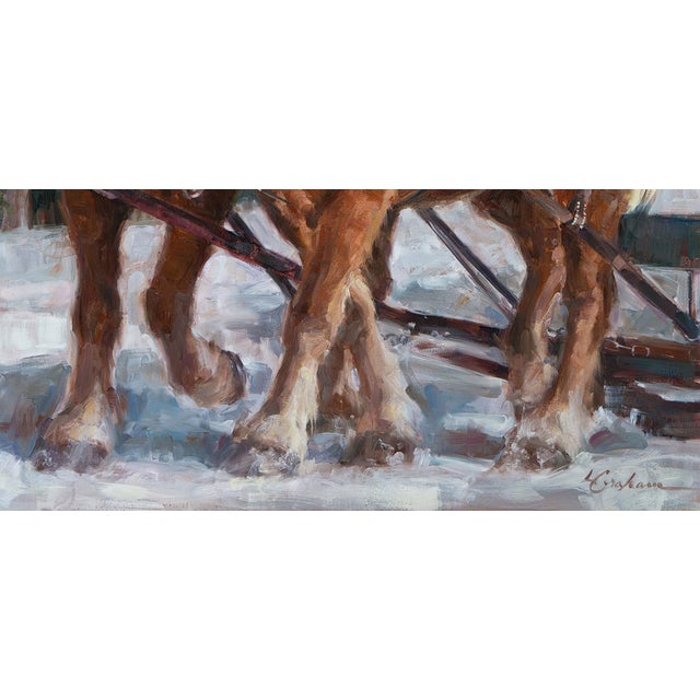Surefooted Team by Lindsey Bittner Graham | Oil on board Horses pulling a sled in a snowy landscape. For Sale - Image 4 of 4