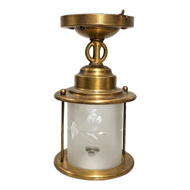 Antique Colonial Brass Ceiling Light Frosted Glass Shade Floral For Sale
