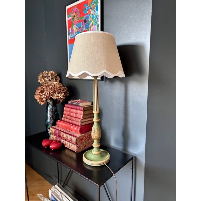 Green and beige carved wooden lamp base. In excellent condition. 1970s. Electrical connection fully functional. New beige...