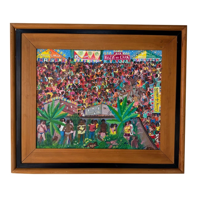 1986 Babalu “Detalhe Das Festas De Largo” Brazilian Folk Art Oil on Canvas Painting, Framed For Sale