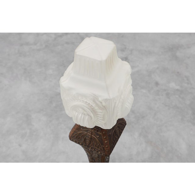 Metal Art Nouveau Floor Lamp in Hammered Copper with Frosted Glass Hood, 1890s For Sale - Image 7 of 15