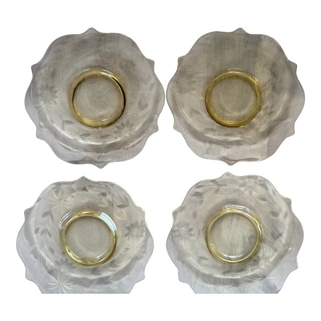 Vintage Attributed to Hazel-Atlas Amber Depression Glass Etched Plates Floral Star Pattern 7 Inch - Set of 4 For Sale