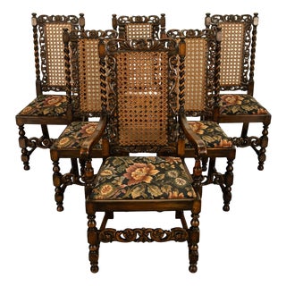 Antique 19thC Set 6 Carved Caned Jacobean Barley Twist Walnut Dining Chairs 1870 For Sale
