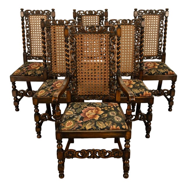 Antique 19thC Set 6 Carved Caned Jacobean Barley Twist Walnut Dining Chairs 1870 For Sale
