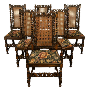 Antique 19thC Set 6 Carved Caned Jacobean Barley Twist Walnut Dining Chairs 1870