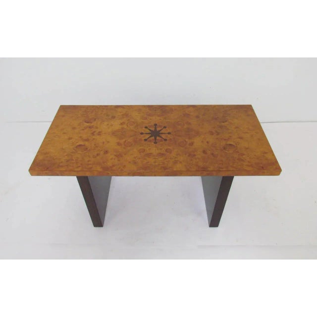 Burl wood bench with Macassar block legs and stylized compass inlay by noted Austrian-American designer Andrew Szoeke.