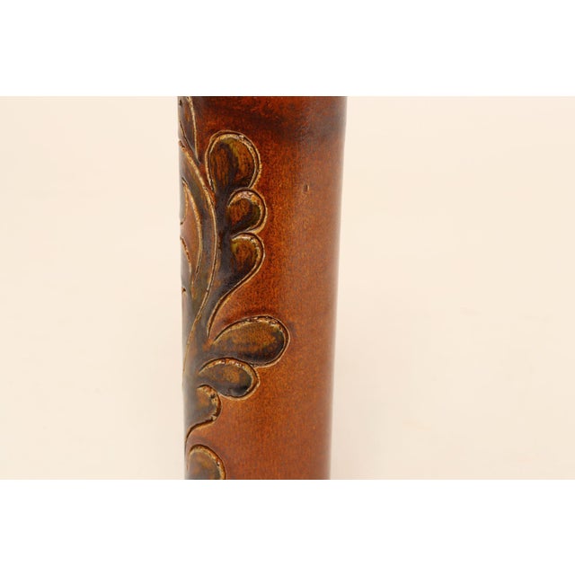 Vintage Studio Pottery Sunburst and Botanical Motif Matte Amber Glazed Vase For Sale - Image 12 of 18