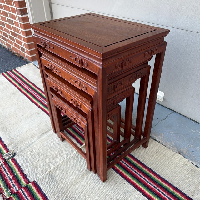 A Very Nice Set of 4 Vintage Chinoiserie Mahogany Nesting Tables, Circa 1960's For Sale - Image 11 of 12