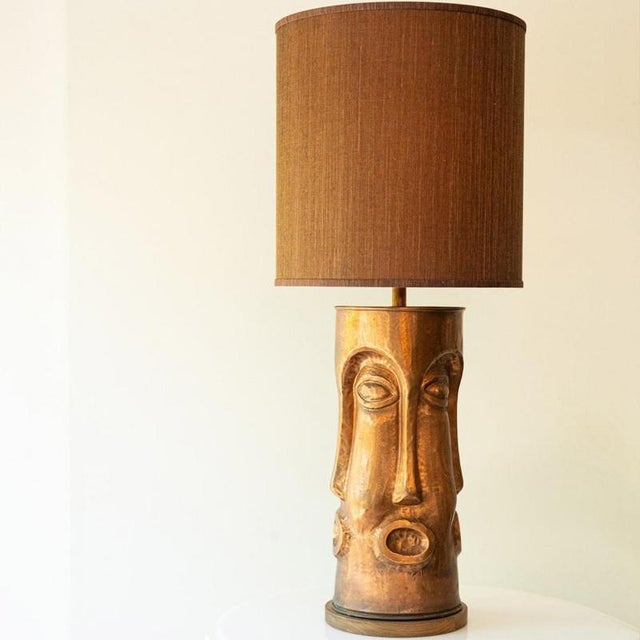 Large Unique Copper walnut wood floor/table lamp with faces, new lampshade by René Houben, 1970. This stunning lamp base...