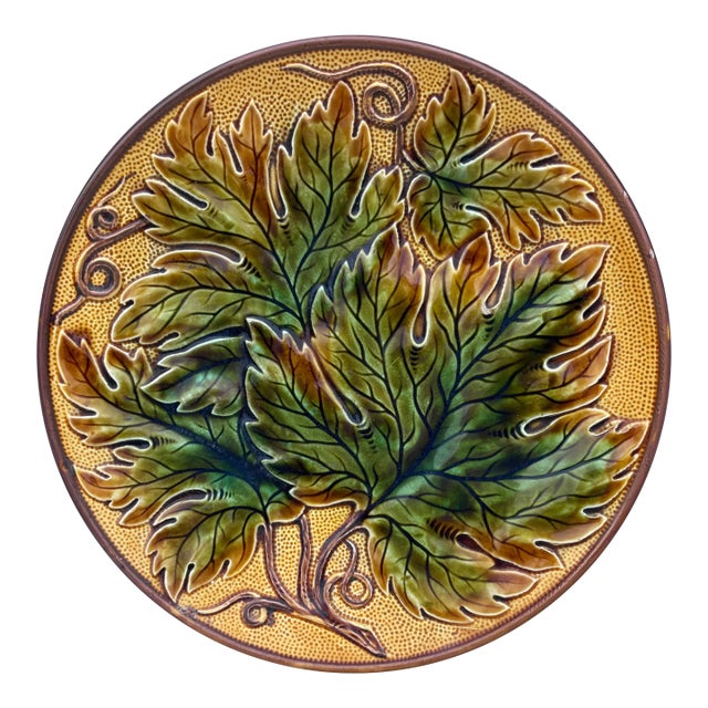 Large German Majolica Leaf Plate, Circa 1900 For Sale