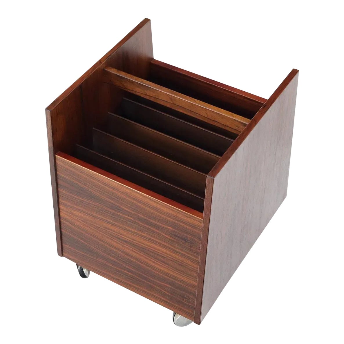 Danish Mid-Century Modern Rosewood Magazine Rack on Wheels | Chairish