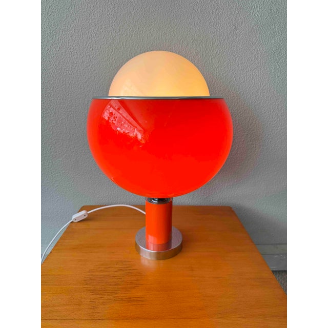 Table Lamp in Orange Acrylic & Opaline Glass, Italy, 1970s, in Good conditions. Designed 1970 to 1979 European Plug (up to...