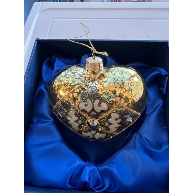 1980s 1980s Gold Glass Heart Shaped Ornament With Silver Tones For Sale - Image 5 of 6