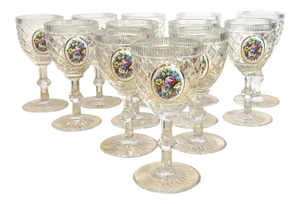 Early 20th Century Moser Floral Enameled Cut to Clear Enamel Water/Wine Goblets - Set of 12