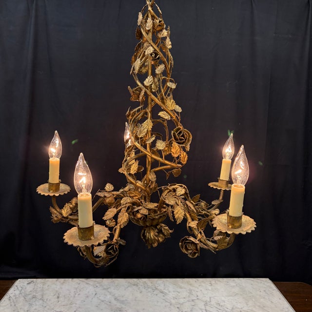 Antique Scrolling Vines French Gold Tole Chandelier With Original Gilding For Sale - Image 4 of 10
