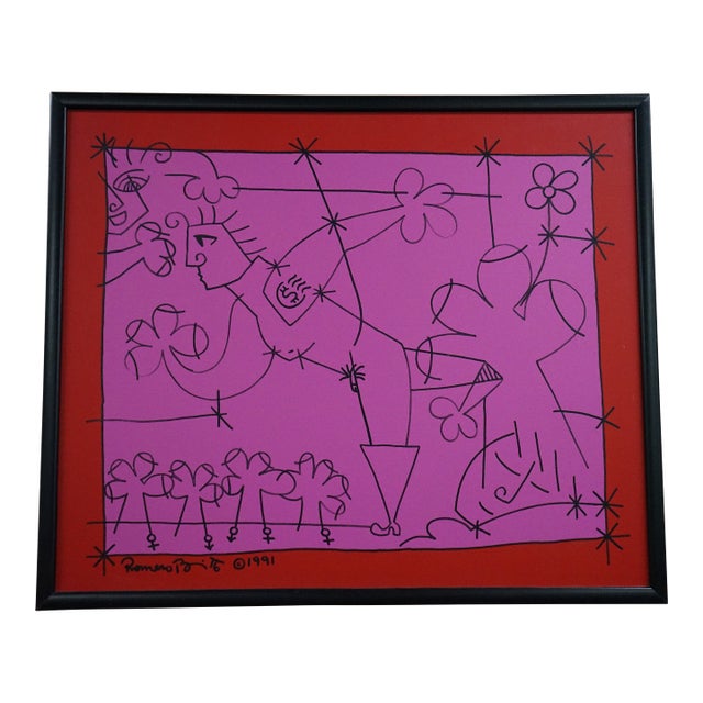 Romero Britto Original Painting on Canvas in Pink, Red and Black Dated 1991 For Sale