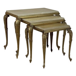 Set of Three Mid-Century French Louis XV Style Brass and Onyx Nesting Tables For Sale