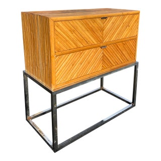 Milo Baughman Style Rattan Bamboo Cabinet on Chrome Base in Mid Century Modern Style For Sale
