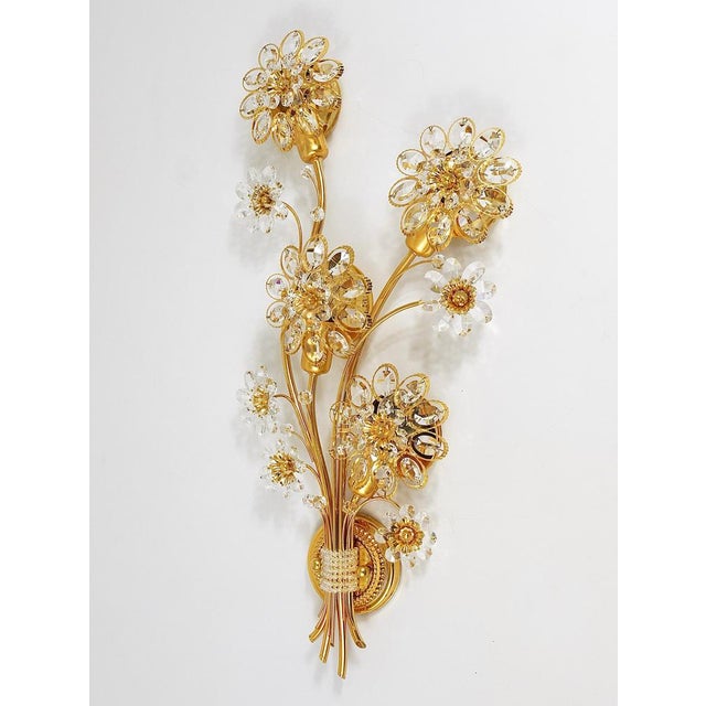Large Gilt Brass & Crystals Flower Wall Light from Palwa, 1970s For Sale - Image 9 of 17