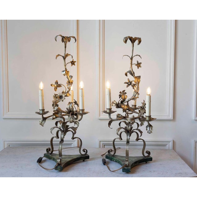 Pair Of Italian Candelabra 20th Century Silver-leaf Wrought Iron Foliate Lamps For Sale - Image 13 of 15