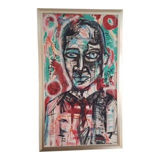 Huge 64" H X 38" Framed Original Acrylic Original Painting by Celebrated Artist "Wall St (Inspired by Basquiat) For Sale