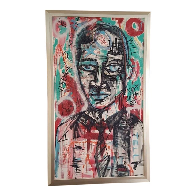 Huge 64" H X 38" Framed Original Acrylic Original Painting by Celebrated Artist "Wall St (Inspired by Basquiat) For Sale