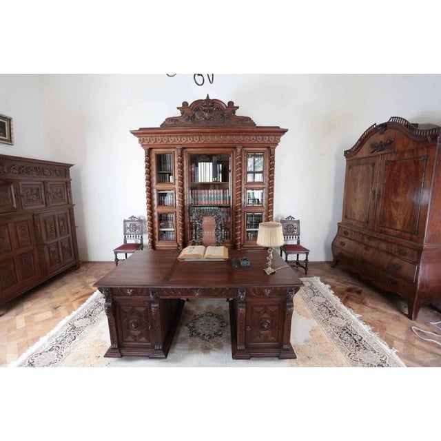 Brown Neo-Renaissance Oak Double-Sided Writing Desk For Sale - Image 8 of 8