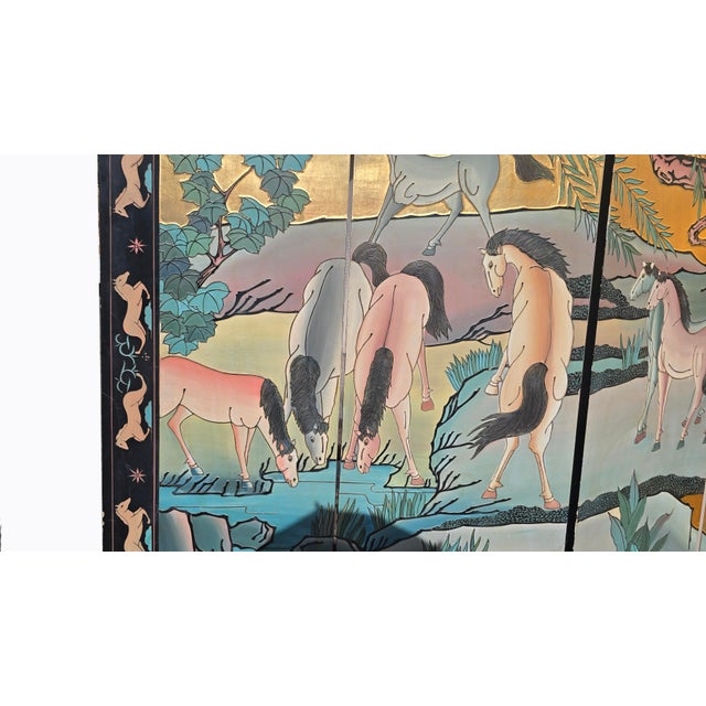 Signed Ten Horses Vintage Chinese Four Panel Screen Gold & Turquoise Shi Jun Tu For Sale - Image 11 of 15