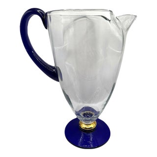 Vintage Romanian Cobalt Blue and Gold Crystal Pedestal Pitcher For Sale