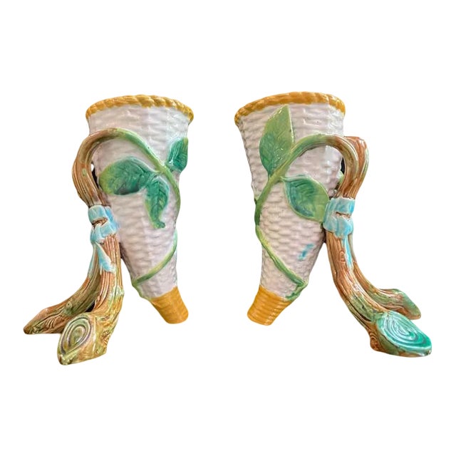 George Jones Majolica Vases White Wicker, Turquoise Lined, English, 1875 - a Pair For Sale