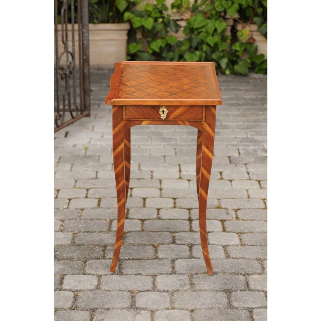 Italian 1820s Walnut Side Table with Marquetry Top, Inlaid Legs and Side Drawer For Sale - Image 10 of 11