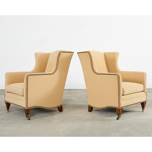 Traditional Pair of Henredon Butter Upholstered Wingback Club Chairs For Sale - Image 3 of 18