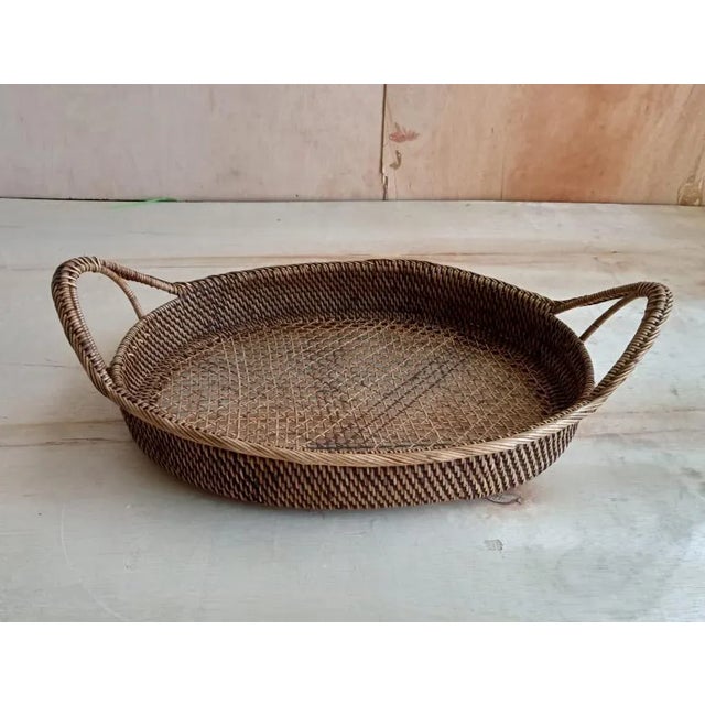 Vintage Javanese Boho Tea Stained Rattan Oval Tray For Sale - Image 4 of 5