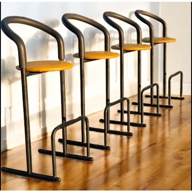 Set of Five 1980s Amisco Postmodern Tubular Steel and Yellow Leather Barstools For Sale - Image 12 of 18