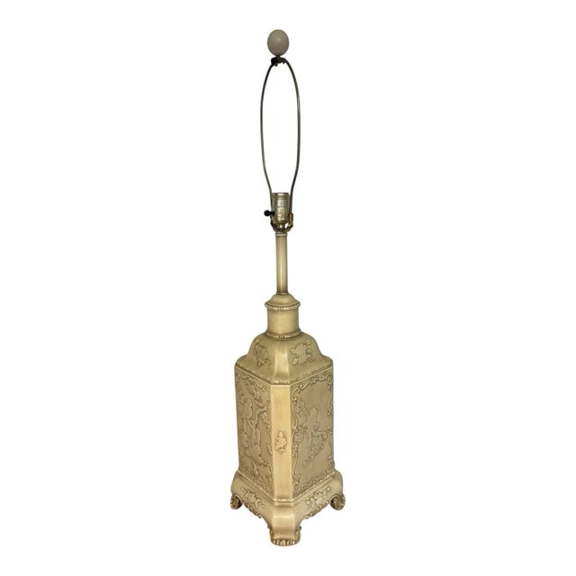 Chinoiserie Mid 20th Century Chinoiserie Plaster Table Lamp Raised Bird Floral Relief Cream For Sale - Image 3 of 17