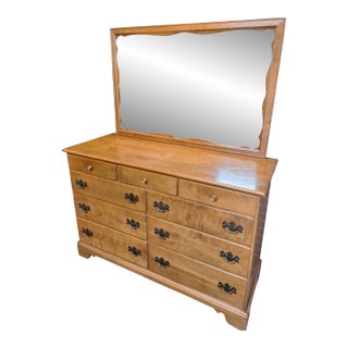 1970s Baumritter Ethan Allen Maple 9 Drawer Dresser With Matching Mirror For Sale