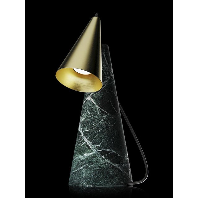 Table lamp with Guatemala green stone base and conic brushed brass lightshade. European Plug (up to 250V).