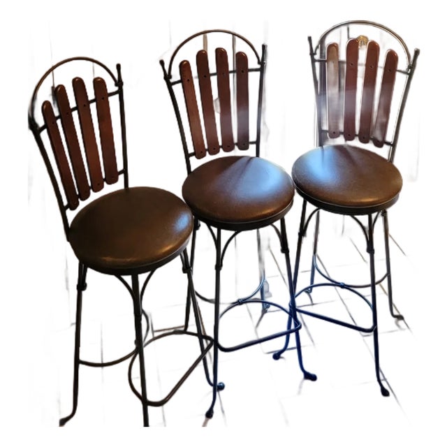 Mid 20th Century Charleston Forge Hand Forged Wrought Iron and Wood Swivel Counter High Stools - Set of 3 For Sale