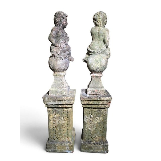 Gold Pair of Italian Cherub Sculptures with Pedest, 1890, Terracotta For Sale - Image 8 of 10